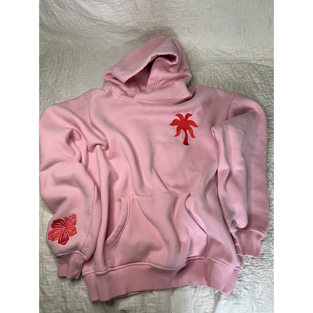 Pink Palm Puff Everything Comes in Waves Embroidered Hoodie Pink Red Small
